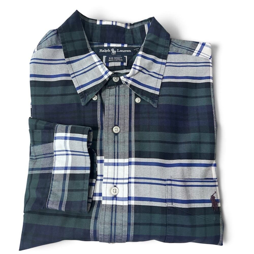 Ralph Lauren Big Shirt Button Down Mens XL Green Blue Plaid Long Sleeve Preppy